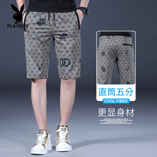 花花公子（PLAYBOY）夏季休闲短裤男冰丝男装中裤男士五分裤休闲裤2025新款七分裤裤子 JS-1585黑色(单件装) 28 【100-109斤】