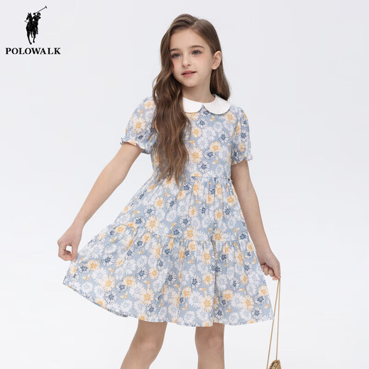 POLOWALK Cotton Summer Children's Clothing Girls Dress 25 Summer New Vacation Style Printed Versatile Skirt Blue 110