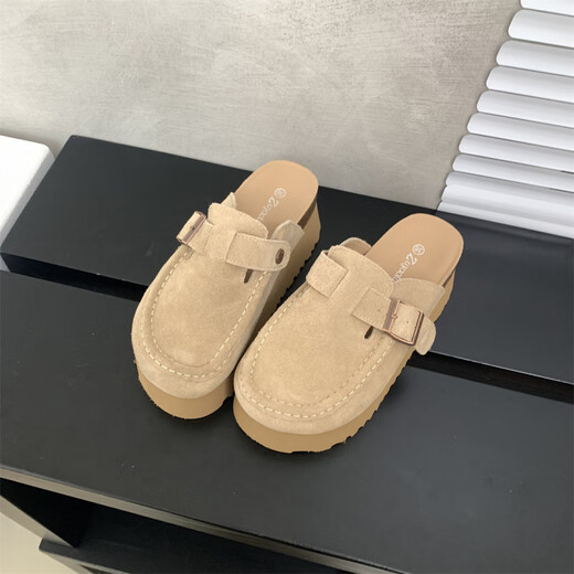 S.Sofea Birkenstock-Schuhe für Frauen im Frühjahr und im Sommer erhöhten Kork-Sohle Mules Retro-Stil 677-2 Aprikosenkamelfarbe 37