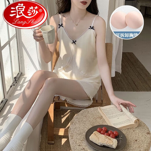 浪莎夏季新款网红爆款睡衣夏天女带胸垫蕾丝花边蝴蝶结吊带短裤家居服 带胸垫967杏色 M80-100斤 均码