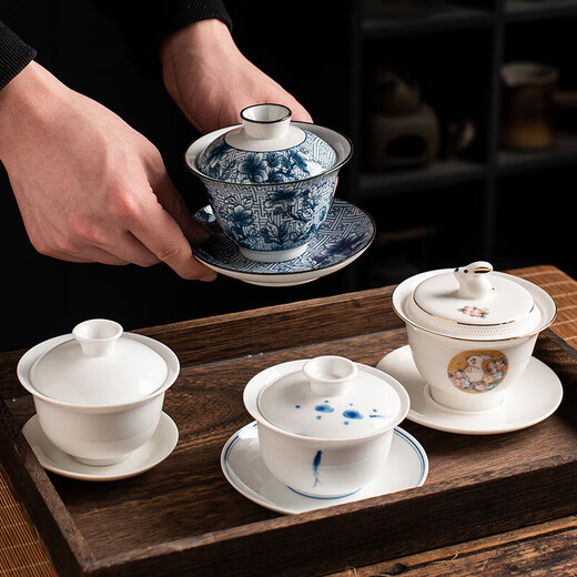 Panxu bean mutton-fat jade white porcelain three-cai bowl single non-hot ceramic tea bowl kung fu tea set tea set mutton-fat jade mutton-fat jade ordinary two-cai bowl large 150ml 150ml