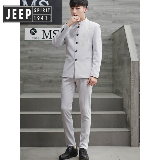 JEEP SPIRIT Jeep men's suit suit Chinese style trend Zhongshan decoration slim and handsome suit set for wedding youth stand-up collar navy blue two-piece suit - (top + pants) free belt tie M
