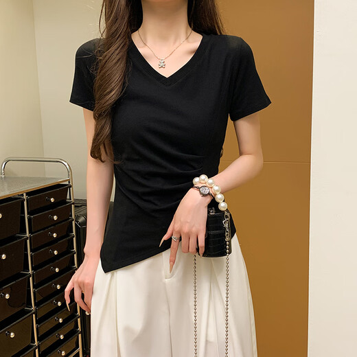 冉艺岚夏季2025新款黑色褶皱短袖恤女正肩修身不规则领上衣 黑色(15847款) S _89-98斤选