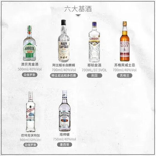 Aobeck Tequila DIY Cocktail Set Whisky Wodka Brandy Gin Rum Wein Kombination Sechs Basiswein Fortgeschrittene 6 Flaschen