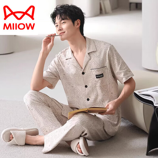 猫人（MiiOW）可安睡衣男士夏季薄款纯棉短袖长裤薄款夏天可外穿家居服套装 F-9859 XL