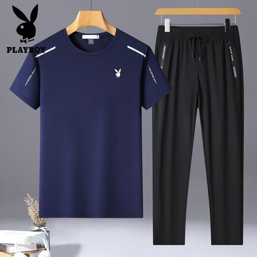 Playboy (Playboy) kurzärmeliger Anzug Herren Sommer Dünner Ice Seidenanzug Herren-Kurzärmel-Hosen Zweiteiler zweiköpfiger Set Casual Atemable Toting-Übung 9901 Black M Empfohlen 80-100jin [Jin entspricht 0,5 kg]