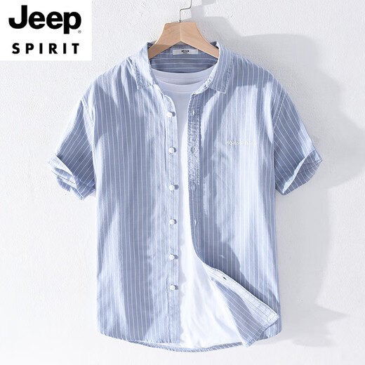 JEEP SPIRIT2025男士条纹衬衫短袖宽松夏季薄款日系休闲百搭棉衬衣夏装衣服 9721白色 M 100斤左右