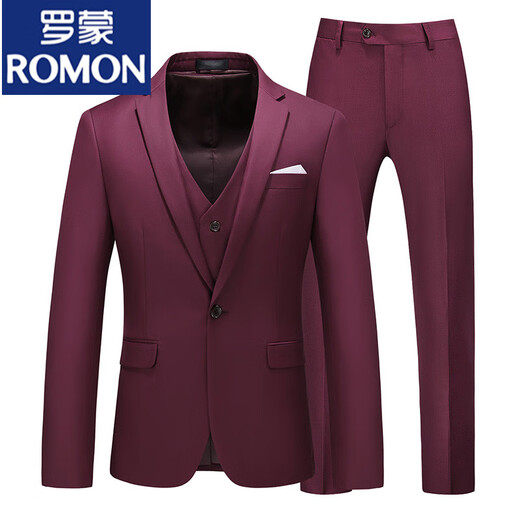 ROMON pink small suit men's suit slim fit young wedding groom performance British men's business casual professional suit burgundy suit + pants M