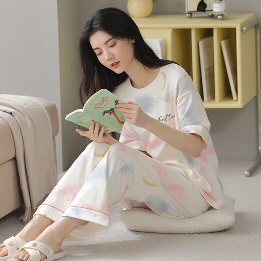 Hongdou (Hodo) summer pajamas for women pure cotton thin short-sleeved trousers student cute Korean style suit spring and autumn loose home clothing y9712 M code suggests 75-95Jin [Jin equals 0.5 kg]