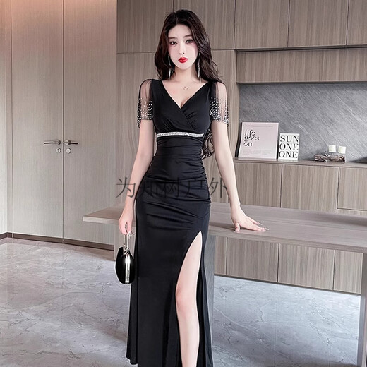 Für Zhishu Nightclub Sexy Deep V Dress Hip-Wrap-Kleid Spa Fußbadetechniker Nachtclub KTV Schöne Arbeitskleidung 3883 Black + S Empfohlen 80-95 Jin [Jin ist gleich 0,5 kg]