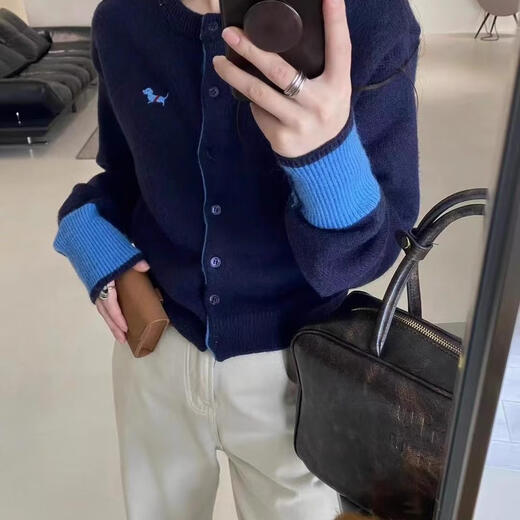 抒融秋冬小狗刺绣针织开衫女撞色袖口拼接设计感春秋毛衣内搭短上 灰色 均码 12247【85-125】