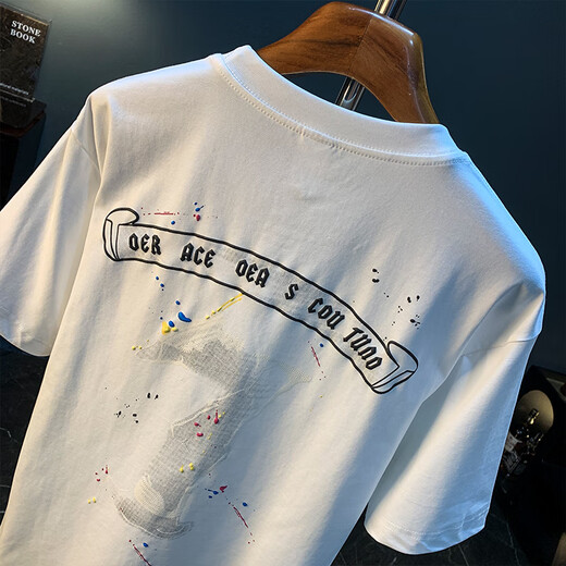 Kurashi Ichiki Trendy Sommer kurzärmelig T-Shirt Herren-trendy gestickter Druck Schnell trocknend lose dünne, dünne T-Shirt White [HJ6630] M geeignet für 95-110jin [Jin gleich 0,5 kg]