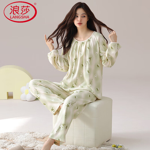 浪莎（LangSha）春秋季长袖大码睡衣套装女棉带胸垫一体国风家居服学生宽松夏冬天 HRY1047 M (建议75-95斤)