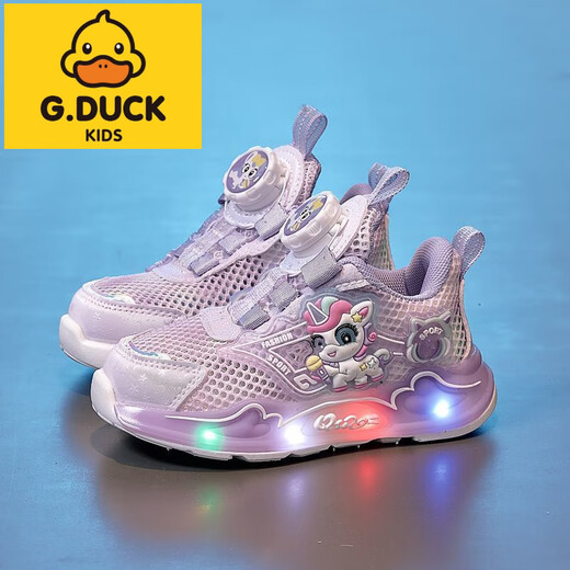 G.DuckKids Petites chaussures de sport de filles de canard jaune 2025 Nouveau printemps et été décontracté polyvalent Luminous Sports Pony Lily Mesh Chaussures B689 Purple double filet 30 longueur intérieure d'environ 18,4 cm