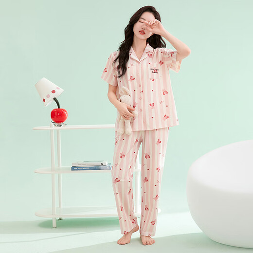 Fundenk ein Pyjama Frauen reines Baumwollsommer neuer Revers-Kurzärmer-Hosen Cartoon Damen Home Clothing Set