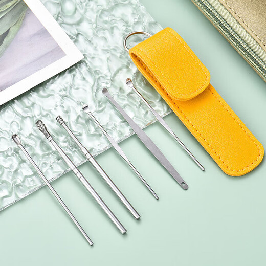 Yimaika ear-picking 6-piece set ear-picking tool spiral professional household stainless steel ear-picking tool leather case thickened ear-picking 6-piece set 1 piece random color