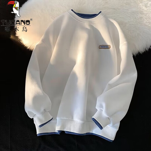 Woodpecker long-sleeved T-shirt men's round neck bottoming shirt for men and women couples autumn and winter youth loose sweatshirt men's top white regular XL (recommended weight 120-140Jin Jin equals 0.5 kg)
