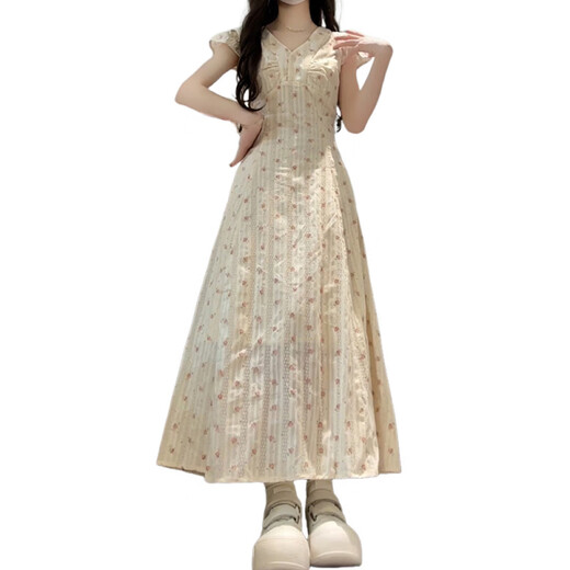 
Cotton French V-neck Floral Dress for Women in Summer 2025 New Design Sense Small Flying Sleeve Waist Slim Long Skirt Off-white L Recommended 108-120Jin [Jin equals 0.5 kg]
