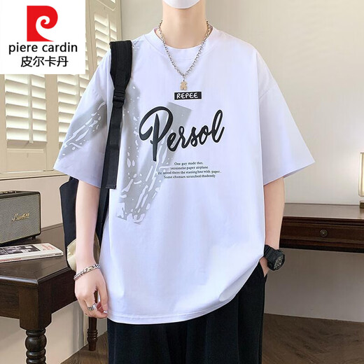 皮尔卡丹（pierre cardin）针织短袖t恤男夏季冰感丝棉青少年潮牌帅气初高中学生半袖美式宽 693米色 M 建议80-105斤