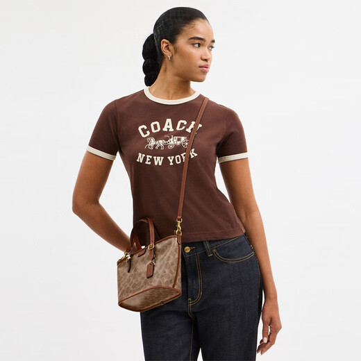 COACH Gift Women's Classic Logo TAXI No. 21 Tote Bag Shoulder Crossbody Bag Commuting Women's Bag High-end B4/Brown Mink Brown