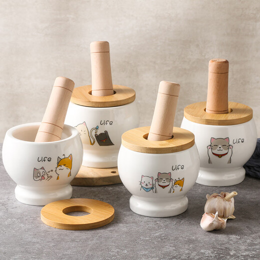 Cartoon cat ceramic jar garlic artifact mortar garlic household garlic masher grinder masher medicine jar garlic jar cup B style cartoon cat 600ml
