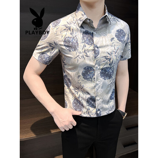 花花公子（PLAYBOY）男士花衬衫短袖夏季2025新款冰丝感痞帅修身印花碎花衬衣男款 黑色 9885 M 【建议115斤以内】