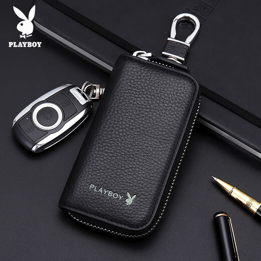 Playboy (Playboy) Bag de llave para hombres Mini Door Door Capacidad universal Capacidad universal Bolsa de almacenamiento multifuncional T7300981 Negro [Caca de vaca de dos capas]