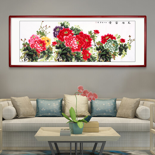 Yantang pure hand-painted Chinese painting peony wealth blooming calligraphy and painting living room decoration painting bedroom bedside sofa background wall ink painting flower blooming wealth A type solid wood frame + plexiglass 125*65 cm