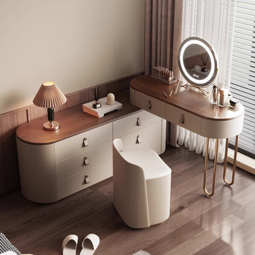 Shijiwu Dressing Table Retro Style Light Luxury French Bedside Cabinet Bedroom Modern Simple High-End Solid Wood Master Bedroom Dressing Table 120*45*75cm Dressing Table Six Drawers Cabinet + Mirror + Stool
