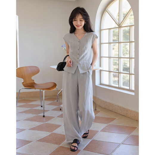 德玛纳【清风自来】夏季呼吸感莱赛尔套装V领开衫直筒休闲裤女式两件套