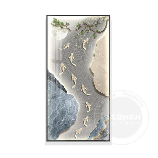 三栖虎带灯九鱼图入户玄关装饰画竖版走廊过道挂画简约现代 HJ-6625 80*160冷白光灯款