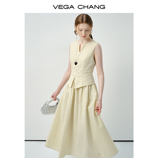 VEGA CHANG dress summer women's 2025 new commuting casual V-neck waist slimming fake two-piece vest skirt clever beige M