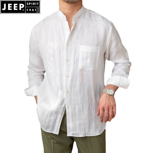 JEEP SPIRIT Commuting Light Mature Casual Breathable Pure Linen Long Sleeve Shirt Versatile Vacation Stand Collar Shirt Men's Henley Collar Top White L