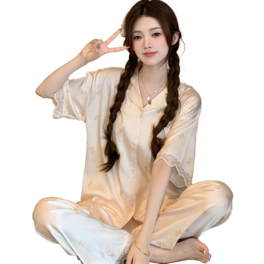 Pajama de seda de hielo transfronterizo antártico para mujeres Lindo estilo Bear Summer NUEVO ALIMO ALIMO CAREATE Pantalones de manga corta Conjunto de ropa para el hogar YFY9905# M 170 [sugerido 80-100Jin [Jin iguala 0.5 kg]]]