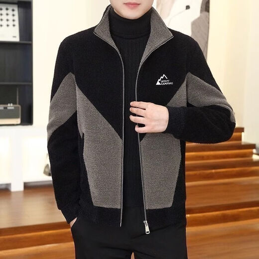 FELALWEN autumn and winter men's coat stand collar short windbreaker jacket high-end woolen coat men's thickened color-blocked woolen coat black gray L 110-130Jin Jin equals 0.5 kg