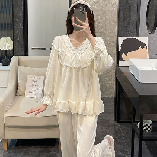 雅鹿蕾丝花边长袖睡衣女新款春秋季纯棉甜美公主风学生休闲家居服套装 KYX-9904#粉色(双长) M