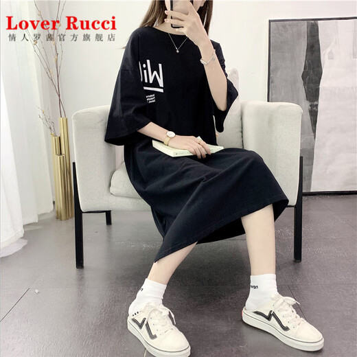 LOVER RUCCI短袖T恤裙女夏季长款过膝宽松纯棉大码2025新款中长款懒人连衣裙 9196单行字母-白色（实拍） M
