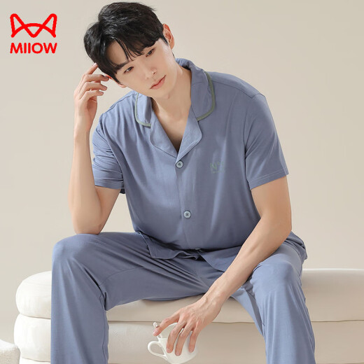 Cat couple pajamas for women in summer thin style with chest pads short-sleeved trousers two-piece set for men's ice silk home clothes NSN12109 M
