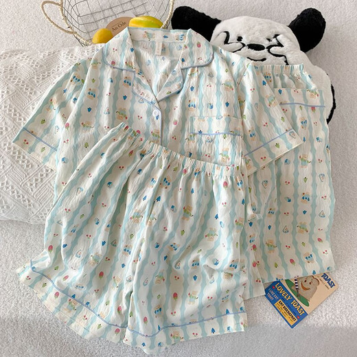 芬腾三件套樱桃小熊睡衣女夏季短袖可爱卡通宽松云朵棉夏天家居服套装 js-9906#蓝底动物 三件套-云感 M 码155-162体重105斤内