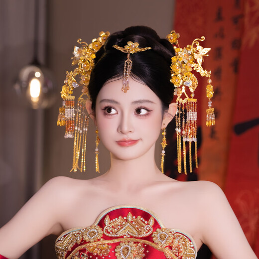 Yingtang bride Chinese style antique style glazed flower eyebrows covered with ancient tassels hairpin Xiuhe suit dragon and phoenix hanging hair accessories hair accessories set D0446Y