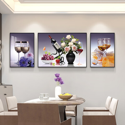 吃香喝辣餐厅装饰画 餐厅装饰画现代轻奢餐桌背景墙壁画时尚饭厅 杯酒言欢 QY7170 1(左右35*50+中50*70)适合1.8米