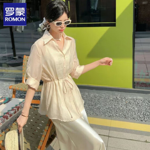 罗蒙绸缎连衣裙两件套女欧洲站2025春夏新款遮肚显瘦天丝收腰衬衫吊带 冰川蓝 套装 L 建议110-140斤