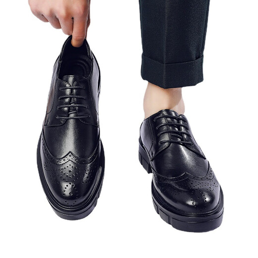 Mu Huisen (MUHUISEN) new spring product Brock carved thick sole men's shoes, height-enhancing shoes, cowhide business leather 3883 black 38