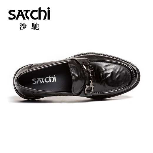 SATCHI men's shoes 2025 new high-end slip-on leather shoes fashionable hand-scratch pattern round toe thick sole light soft business casual shoes black (752542433Z) 42 European size (national code 43)