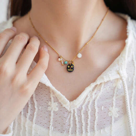 Only pair of QIANTAO Sunset Pine Original Natural Black Agate Necklace Simple Versatile Turquoise Pendant Women's Gift 45cm Imported Medical Steel Plated with 18k Gold Sunset Pine