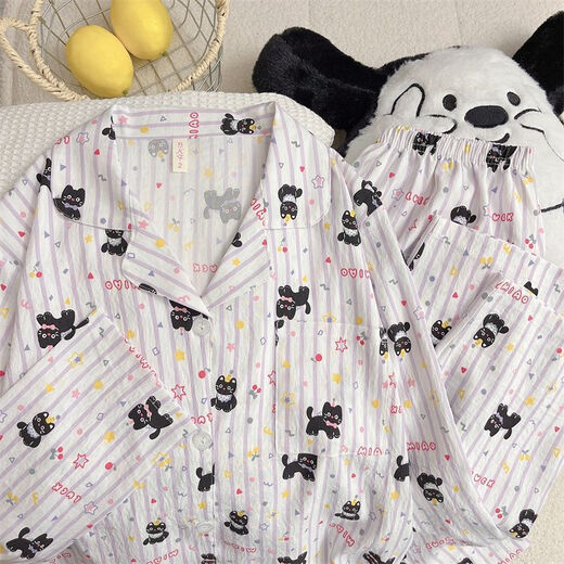S.SOFEA睡衣女春秋季甜美卡通云朵棉家居服 826#紫条黑猫 170 M