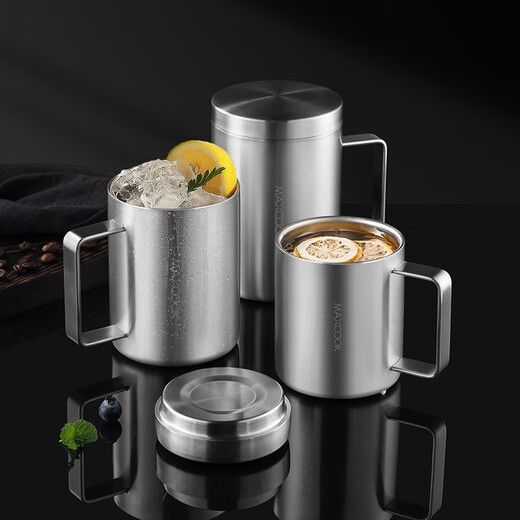 美厨（MAXCOOK）水杯304不锈钢 带盖泡茶杯双层马克杯带把手儿童学生办公室杯子 316不锈钢300ml(带盖) MCB1105