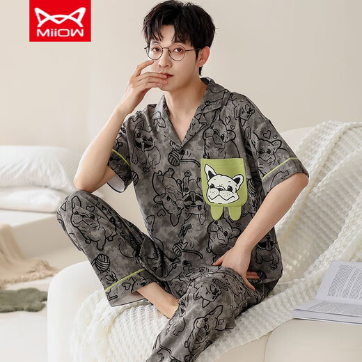 Catman miiow pyjamas de style chinois Men d'été coton pur pantalon à manches courtes adapter les hommes nouveaux cardigan chinois vêtements de maison d'été style mince -695 l