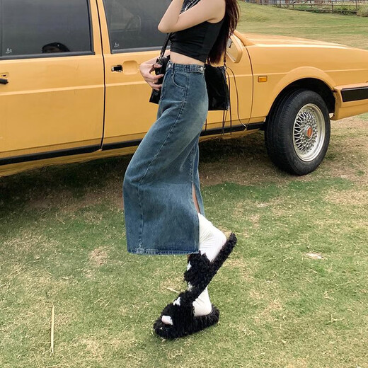 Zhewe hoher Taillenschlitz-Jeansrock für Frauen im Jahr 2024 neuer Sommer kleiner A-Line-Rock Retro Hip-Packing Long Rock Schwarz #3878 XS
