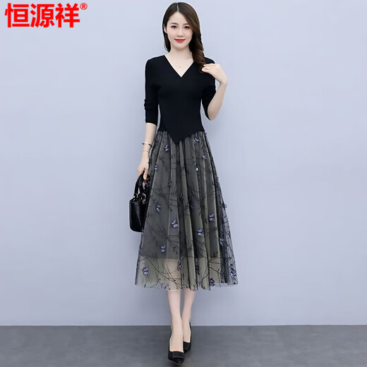 恒源祥纱料连衣裙女春秋2025新款夏高端精致奢华品牌气质名媛假两件套装 黑色 M 建议85-100斤